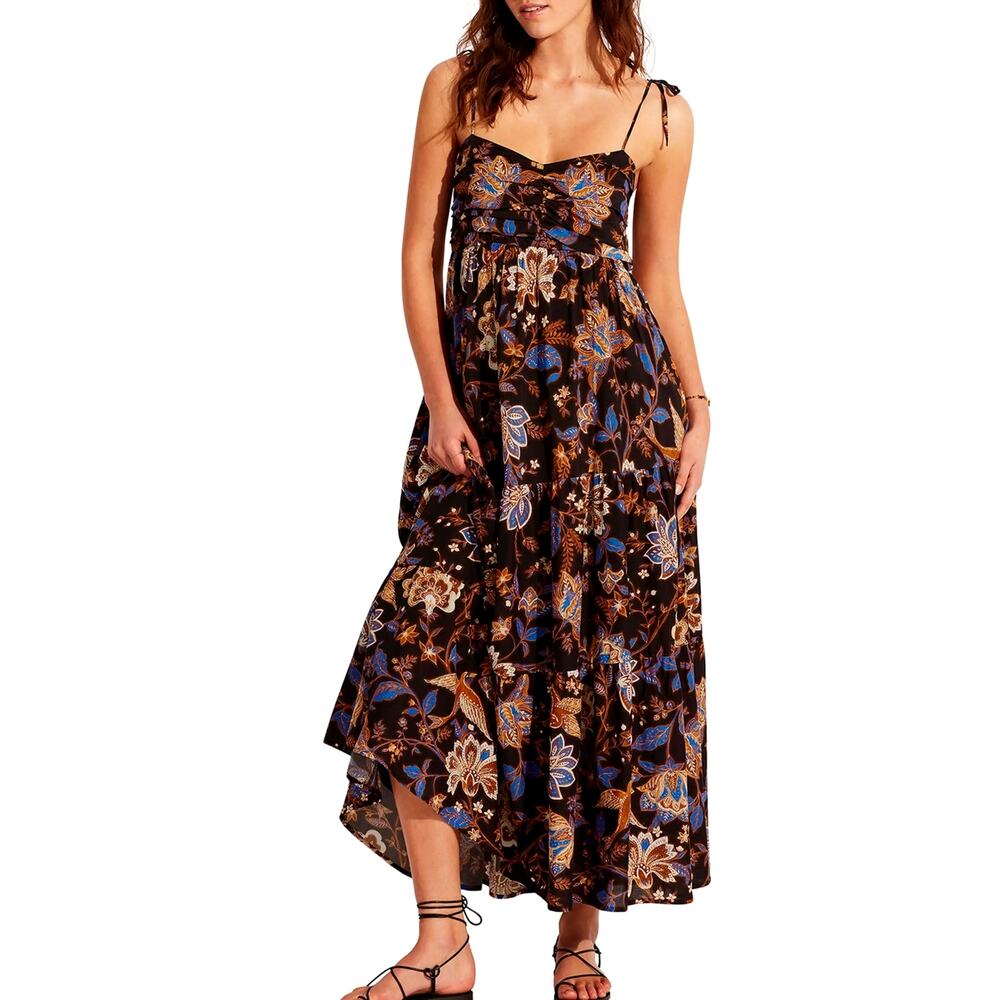 Seafolly Black Floral Maxi Dress with Blue and Brown Accents